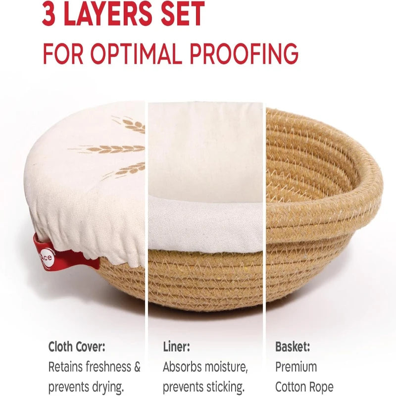 Three-layered proofing basket with cloth cover, liner, and basket made of premium cotton rope on a white background.