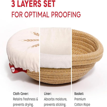 Three-layered proofing basket with cloth cover, liner, and basket made of premium cotton rope on a white background.