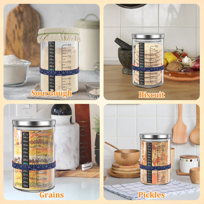 Four different types of canisters labeled 'Sourdough', 'Biscuit', 'Grains', and 'Pickles' on a kitchen background.