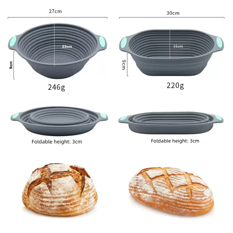 Collapsible silicone baking trays with dimensions and weight, shown with bread for scale.