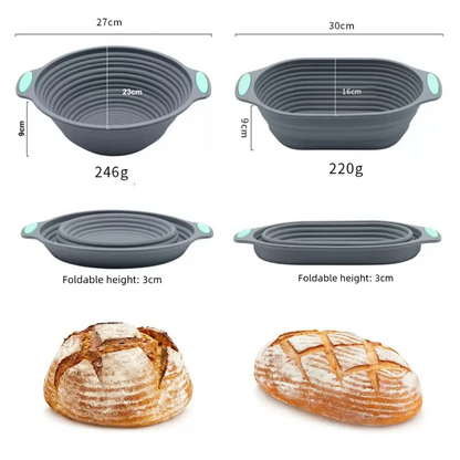 Collapsible silicone baking trays with dimensions and weight, shown with bread for scale.