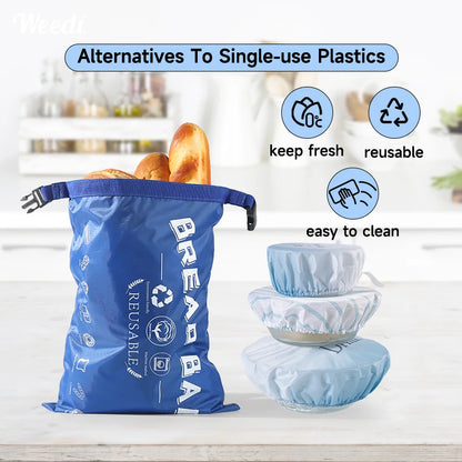 Reusable bread bag with bread and bowls on a kitchen counter, labeled as an alternative to single-use plastics.