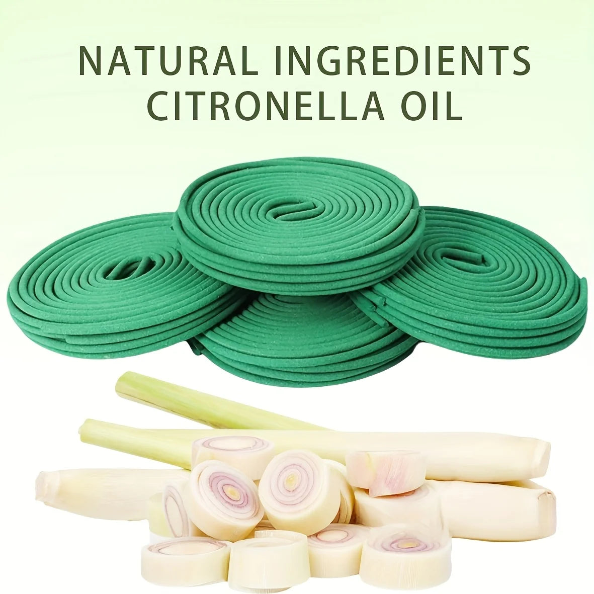 Green coils and lemon grass with text 'Natural Ingredients Citronella Oil' on a light green background