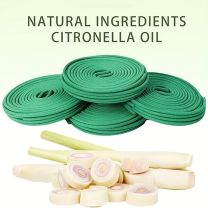 Green coils and lemon grass with text 'Natural Ingredients Citronella Oil' on a light green background