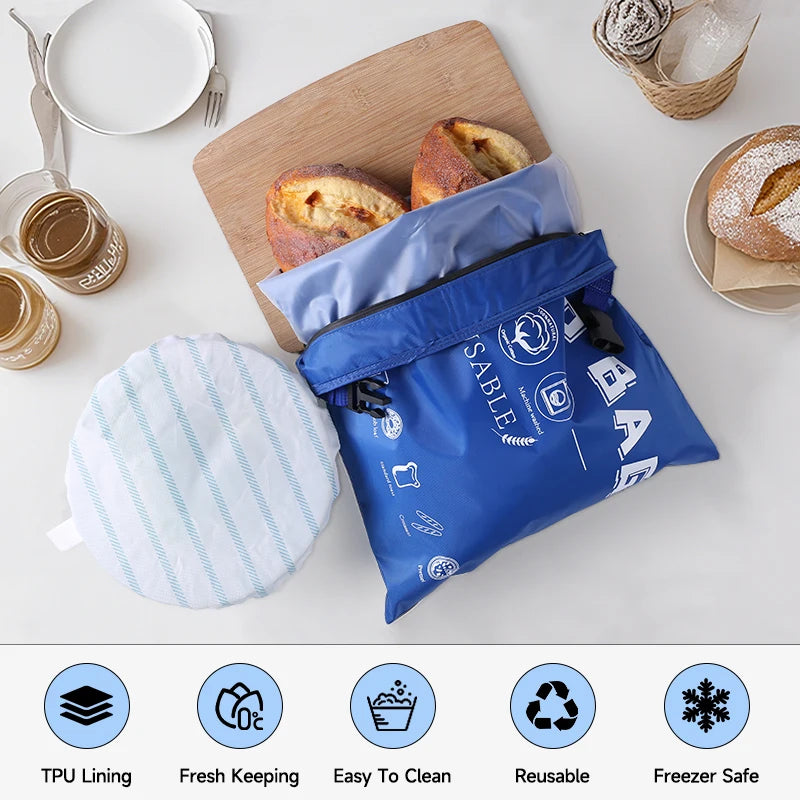Blue reusable bag with food items on a table, featuring Sable branding.