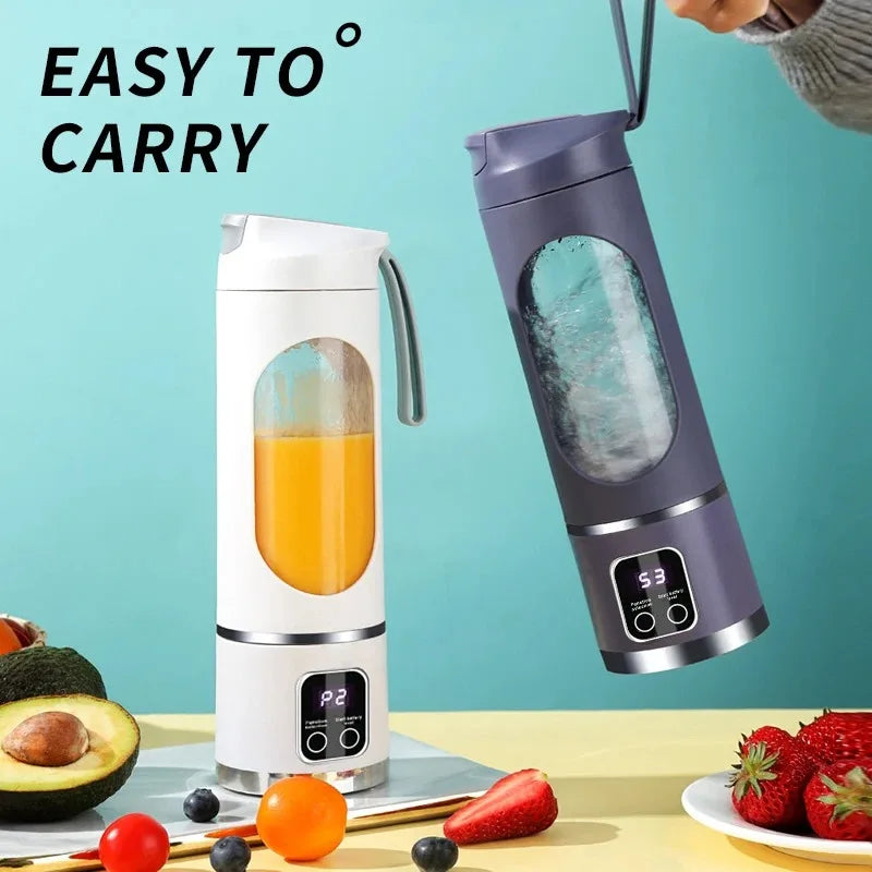 Two portable blenders with ingredients on a table against a teal background
