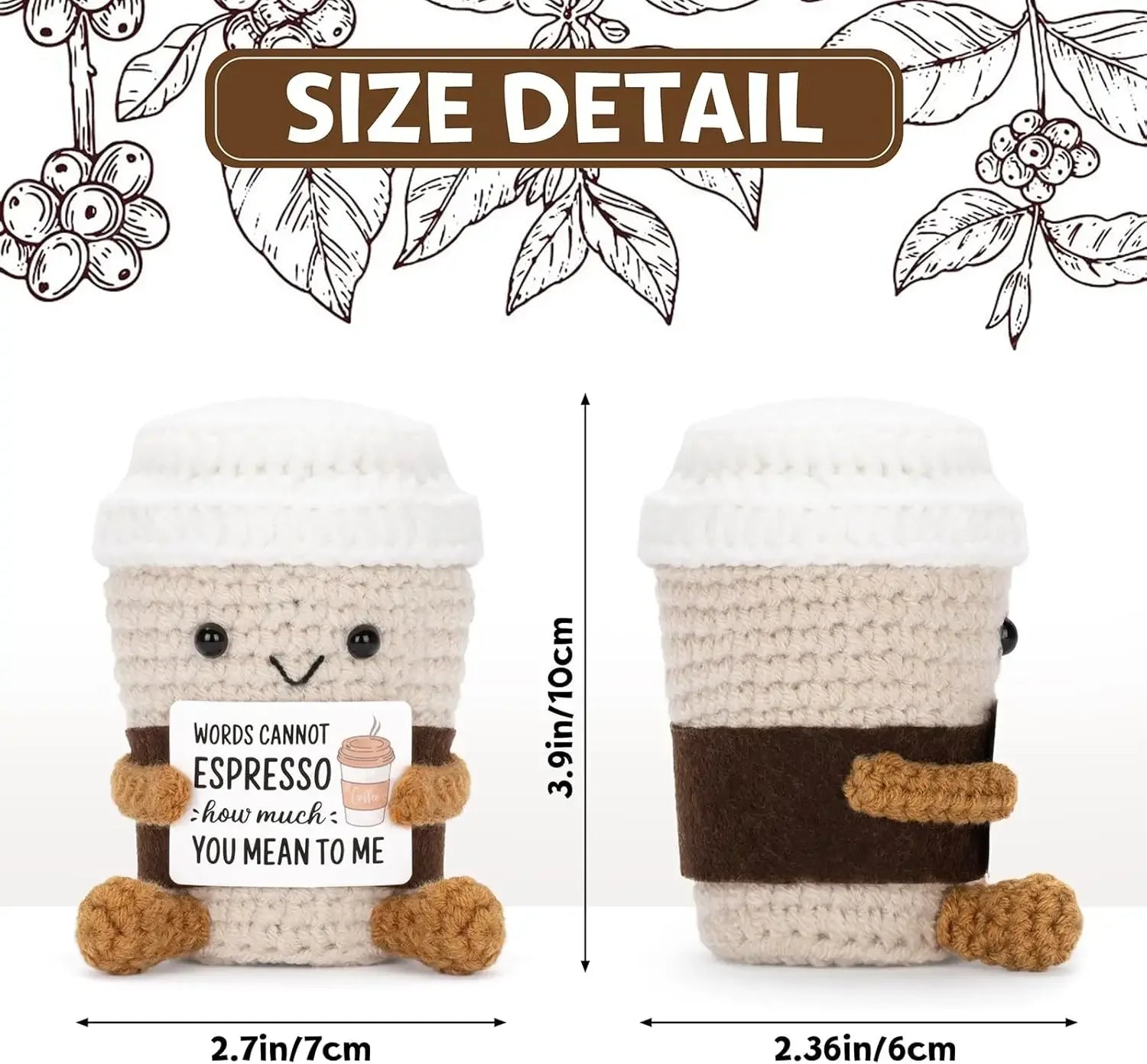 Crocheted coffee cup with a sign and measurement details on a white background with coffee-themed illustrations.