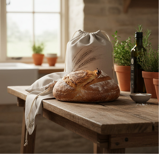 Freshly baked sourdough loaf on a rustic wooden bench with linen bread bag, soft morning light through a window, farmhouse kitchen setting, calm slow-living aesthetic, realistic lifestyle photography, 