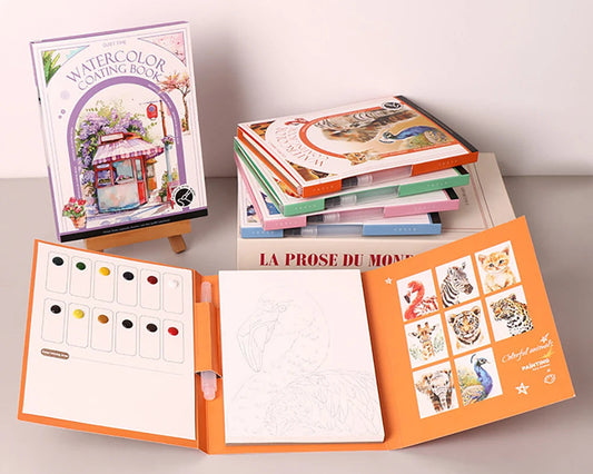 Open coloring book with pages of colors and animal illustrations, closed books stacked in the background.