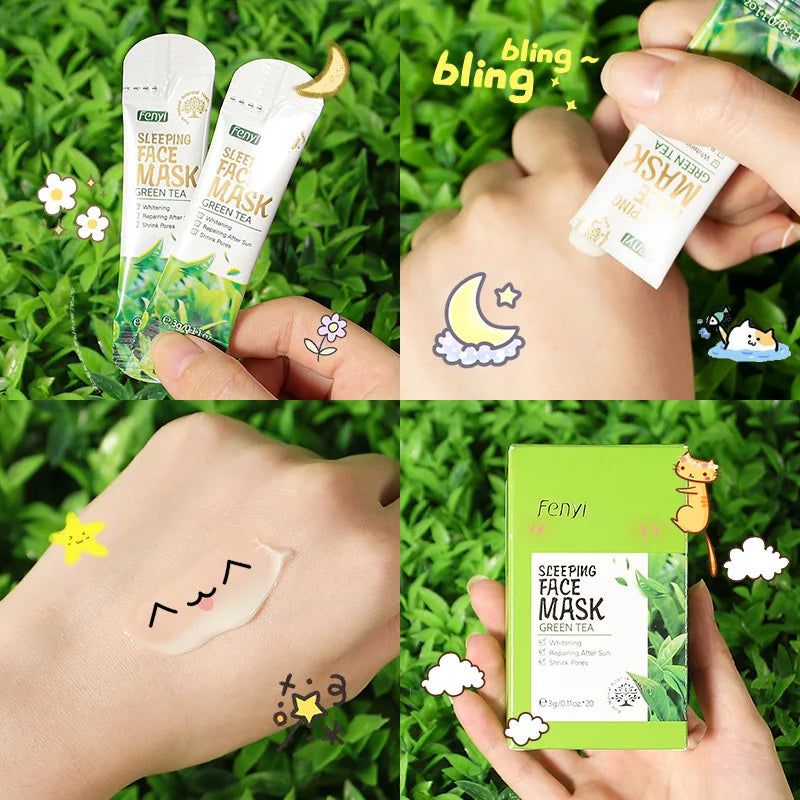 Collage of Fenyi Green Tea sleeping face mask packaging and usage on grass background