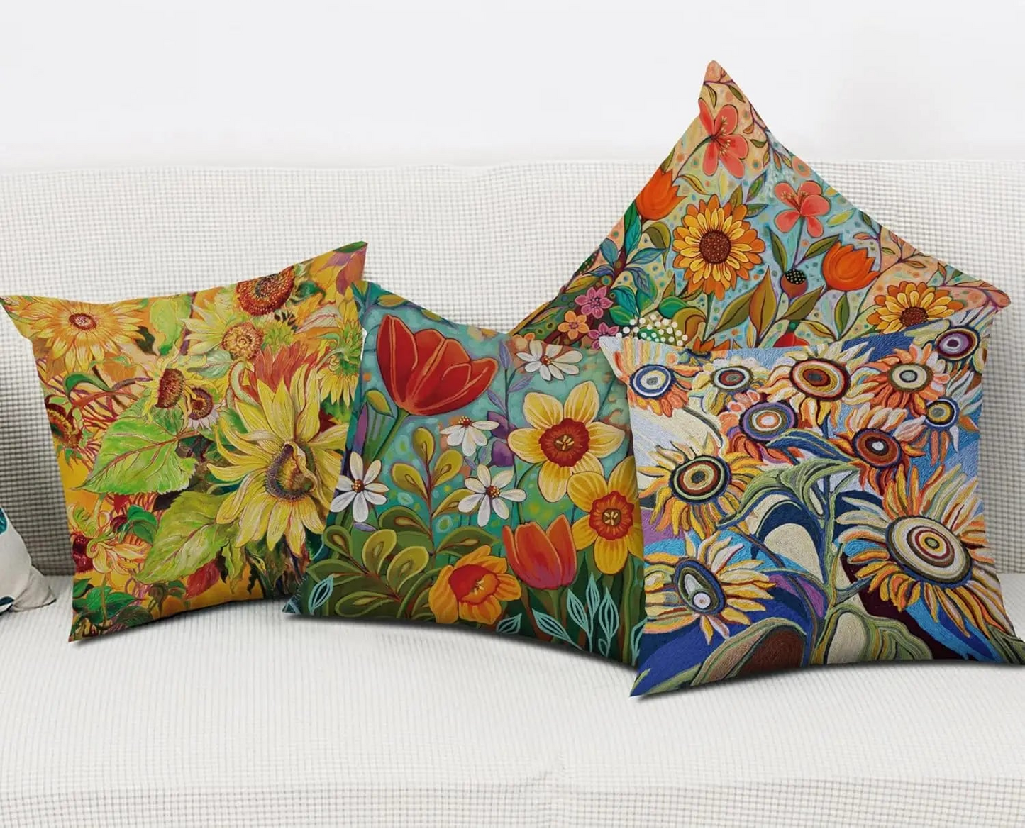 Colorful floral-patterned pillows on a white sofa