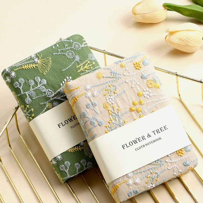 Two cloth notebooks with floral designs on a gold stand with tulips in the background.