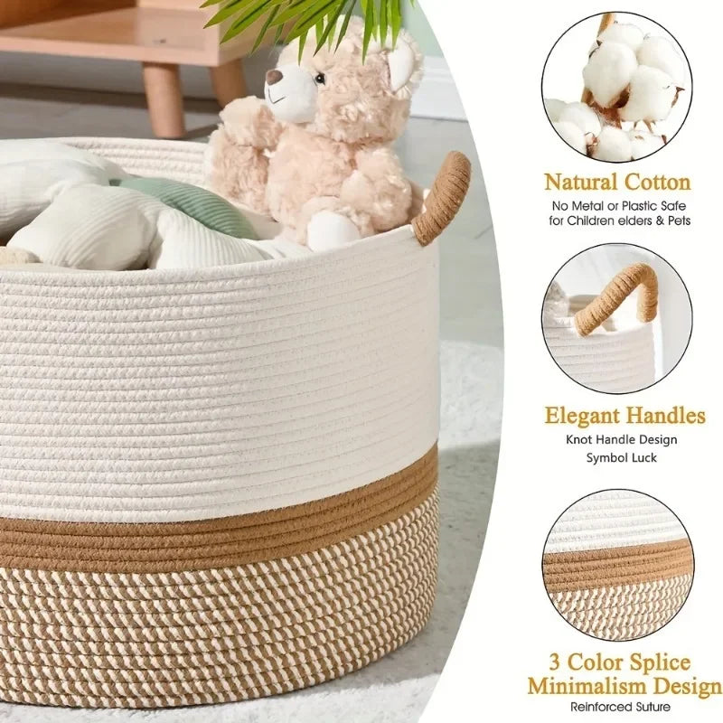 Beige and brown woven basket with plush toy, cotton close-up, and knot handle design on a light background.