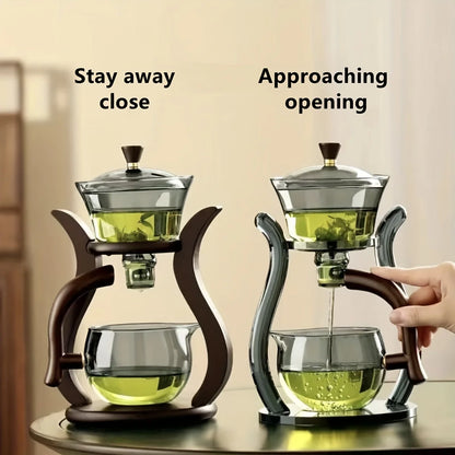 Tea-making setup with text indicating 'Stay away close' and 'Approaching opening'.