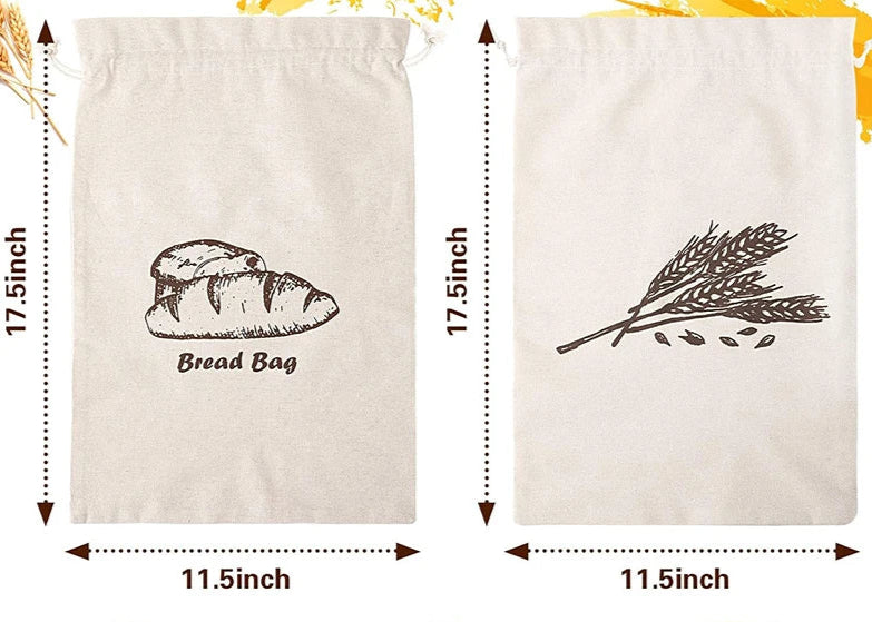 Two bread bags with bread illustrations and measurements, displayed with bread images below.