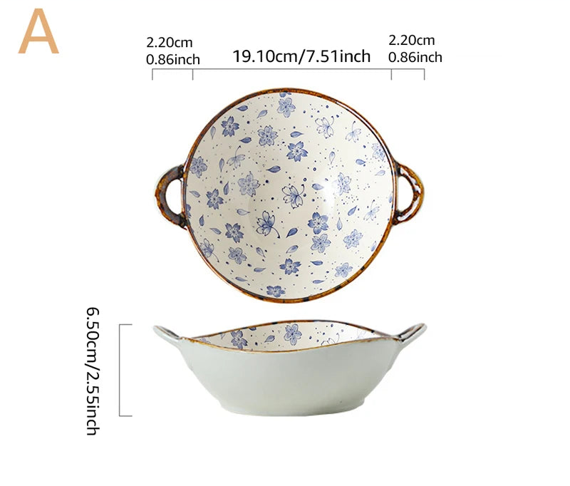 Measurement chart of a ceramic bowl with floral design and handles on a beige background.
