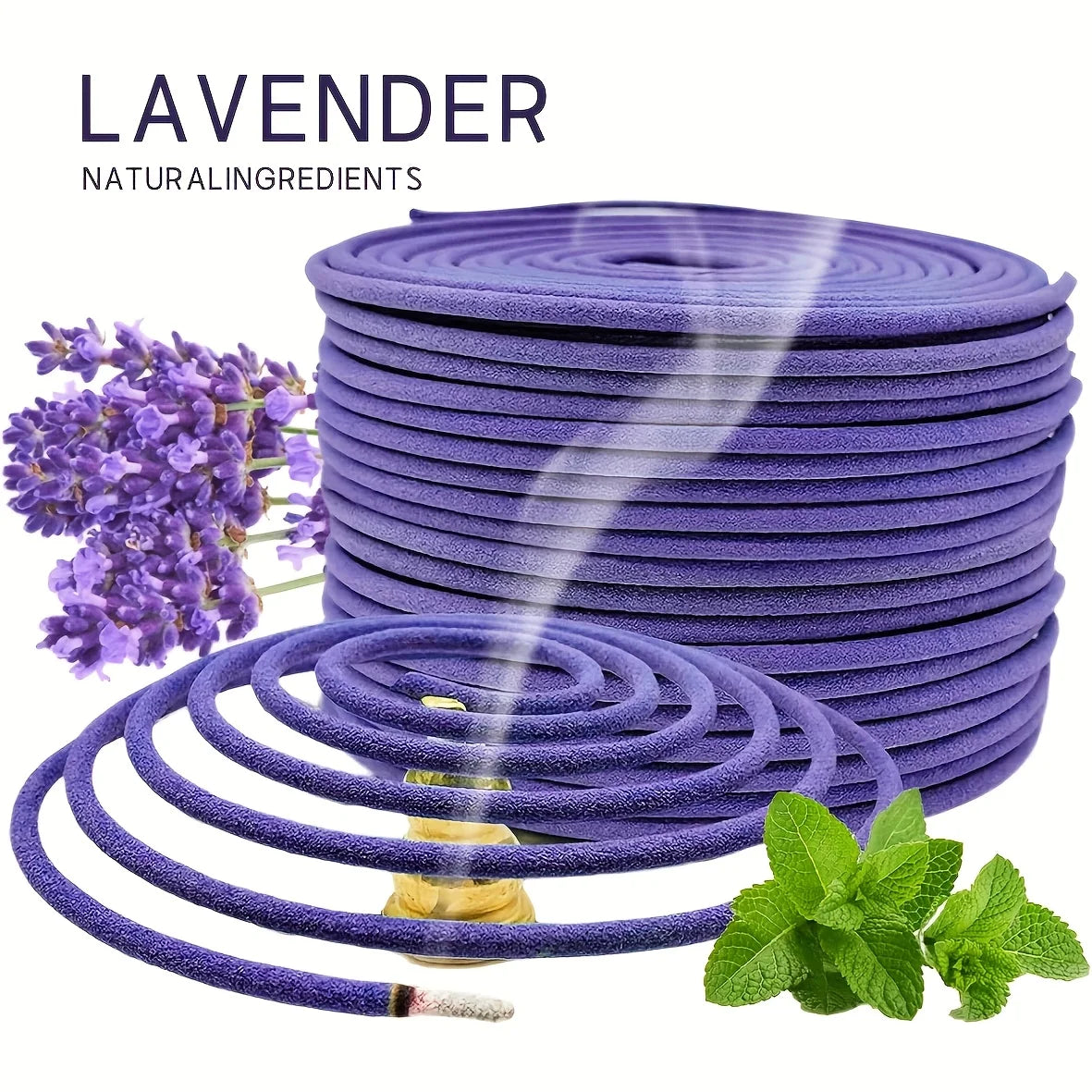 Purple garden hose with lavender flowers and mint leaves on a white background