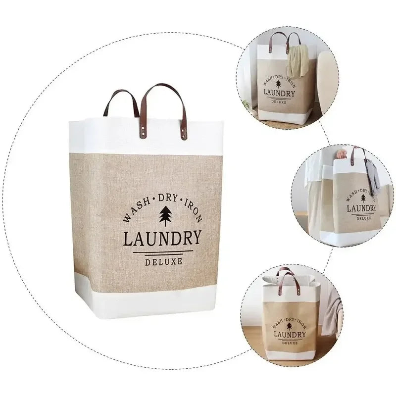 Laundry bag with 'Wash Dry Iron Laundry Deluxe' text and design on a white background