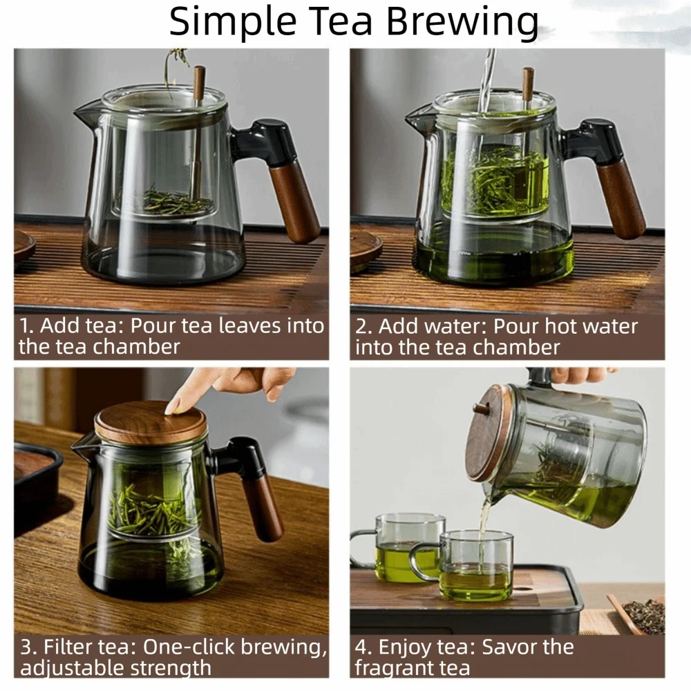 Step-by-step guide to simple tea brewing with a glass teapot on a wooden surface.