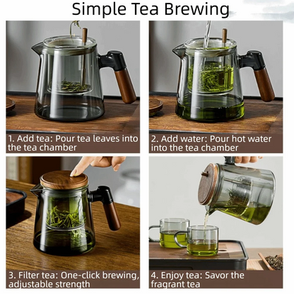 Step-by-step guide to simple tea brewing with a glass teapot on a wooden surface.