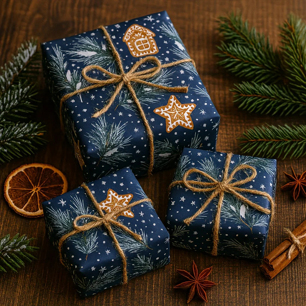 Three blue Christmas presents with gold ribbons on a wooden surface with festive decorations.