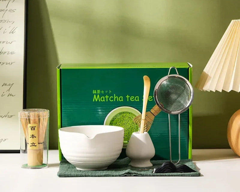 Matcha tea set with a green box labeled 'Matcha tea' on a light green background.