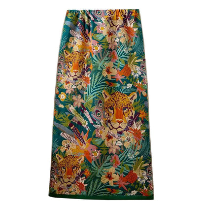 Colorful skirt with animal and floral pattern on a white background