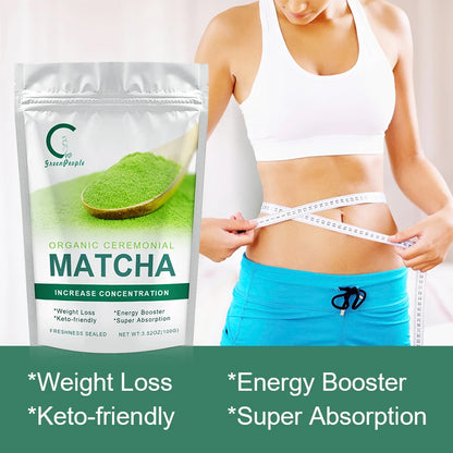 Matcha powder package with a person measuring waist, highlighting health benefits.
