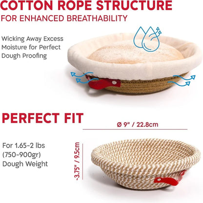 Cotton rope structure for dough proofing with text on enhanced breathability and perfect fit.