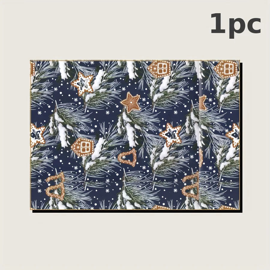 Christmas-themed fabric with snowflakes, stars, and gingerbread men on a dark blue background.