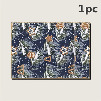 Christmas-themed fabric with snowflakes, stars, and gingerbread men on a dark blue background.