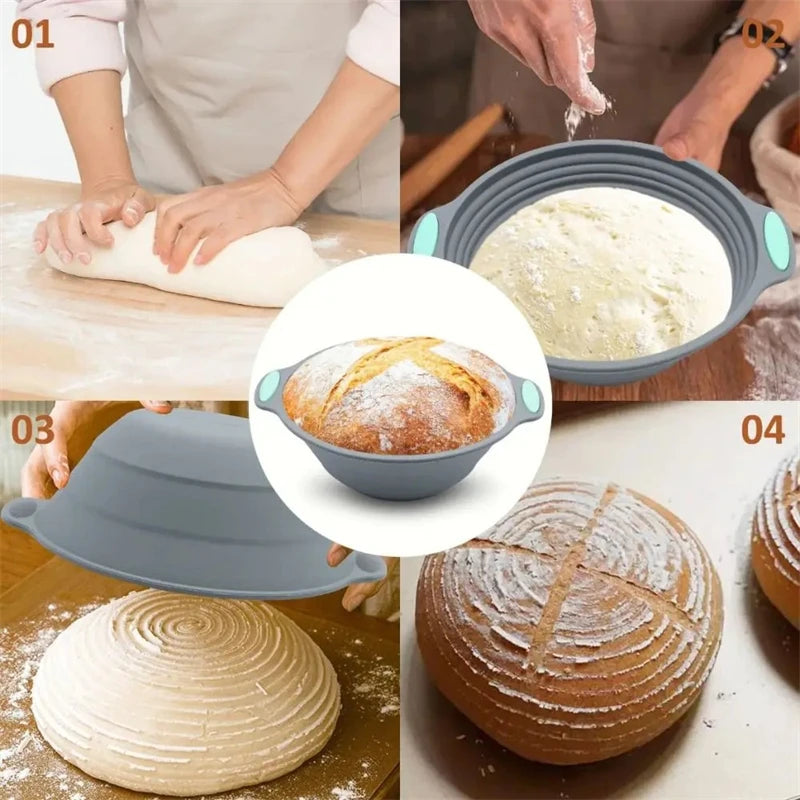 Collage of bread-making process with a silicone bread proofing basket.