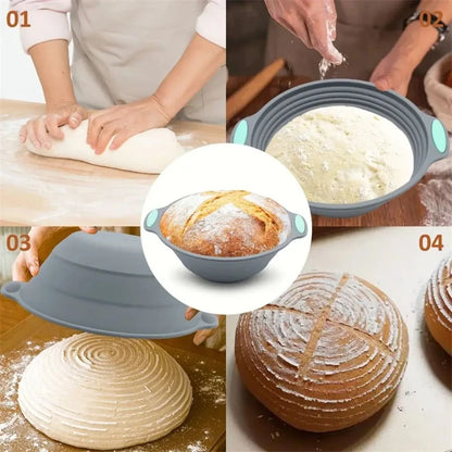 Collage of bread-making process with a silicone bread proofing basket.
