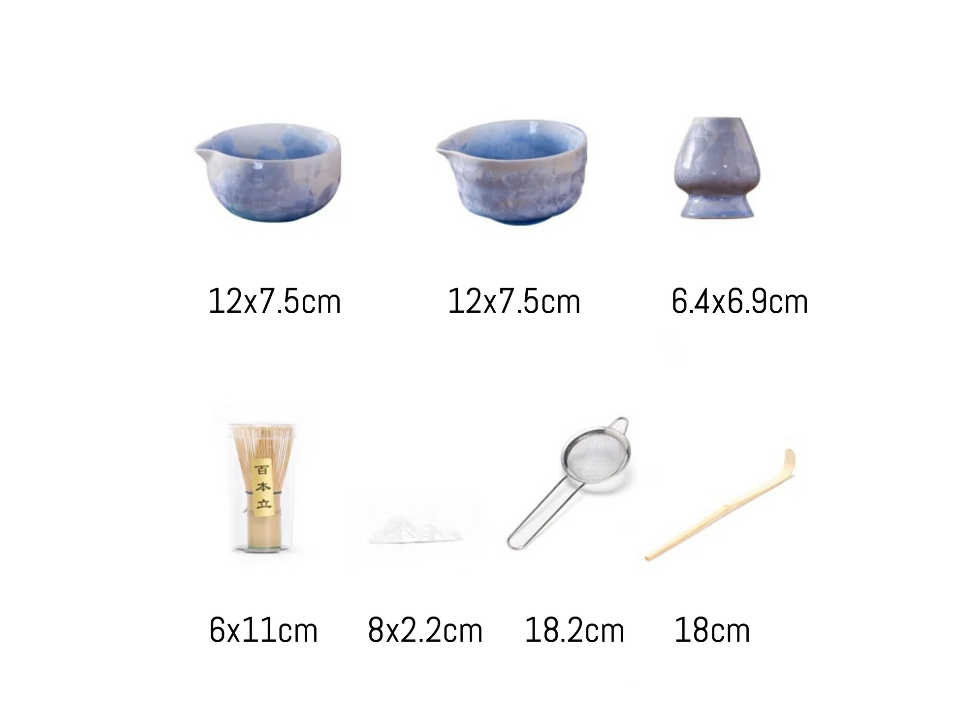 Set of ceramic bowls and kitchen tools with dimensions displayed
