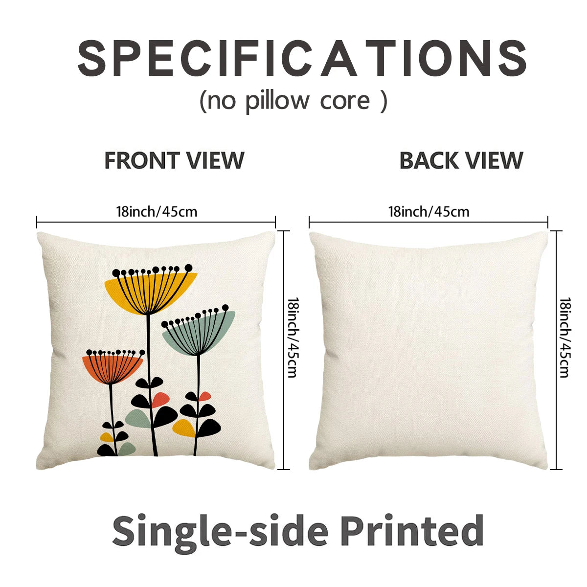 Decorative pillow with floral design on a white background, showing front and back views with measurements.