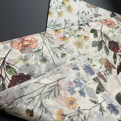 Floral patterned fabric with colorful flowers and leaves on a dark background