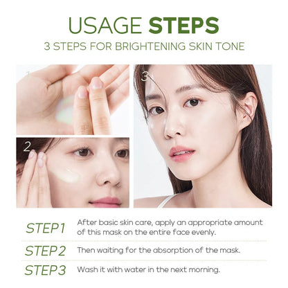 Instructions for using a brightening skin mask with step-by-step guidance and a close-up of a woman's face.