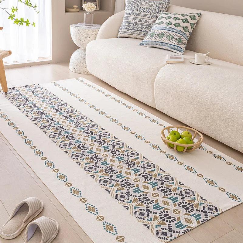 Patterned rug on a wooden floor with a white sofa and decorative items in the background