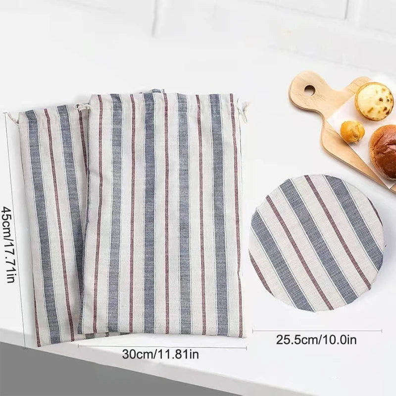 Striped fabric with dimensions and a close-up of a round item with the same pattern.