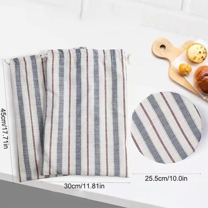 Striped fabric with dimensions and a close-up of a round item with the same pattern.