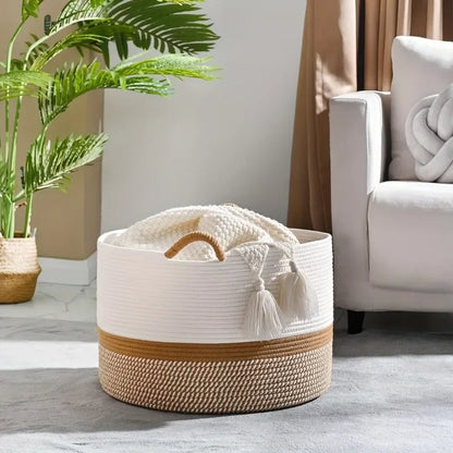 Woven storage basket with wooden base and handle in a living room setting