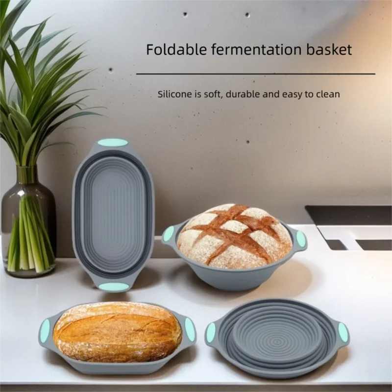 Foldable fermentation basket with bread on a kitchen counter, featuring silicone material.