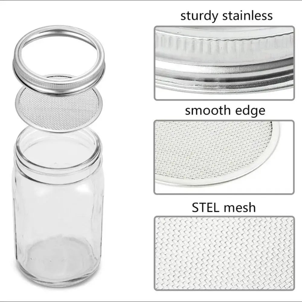 Glass jar with metal lid and mesh component, labeled 'sturdy stainless', 'smooth edge', and 'STEL mesh'.