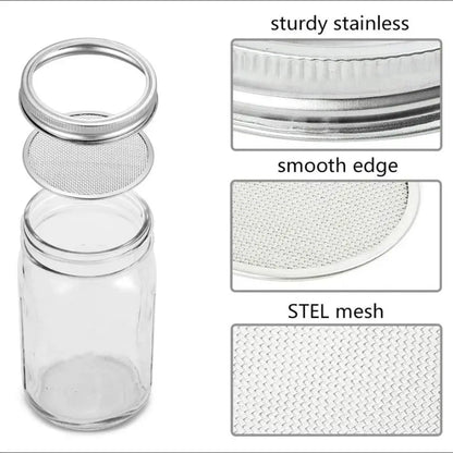 Glass jar with metal lid and mesh component, labeled 'sturdy stainless', 'smooth edge', and 'STEL mesh'.