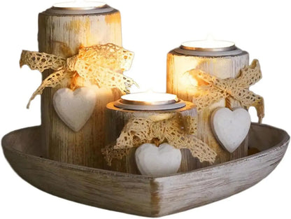 Rustic Wooden Heart Tray Candle Holder Set