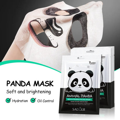 Panda-themed facial mask packaging with a person wearing the mask, labeled 'Soft and brightening'.