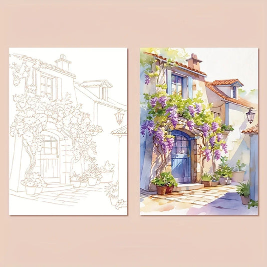 Two artworks of a picturesque street scene with a blue door and flowers, one outlined and one colored.