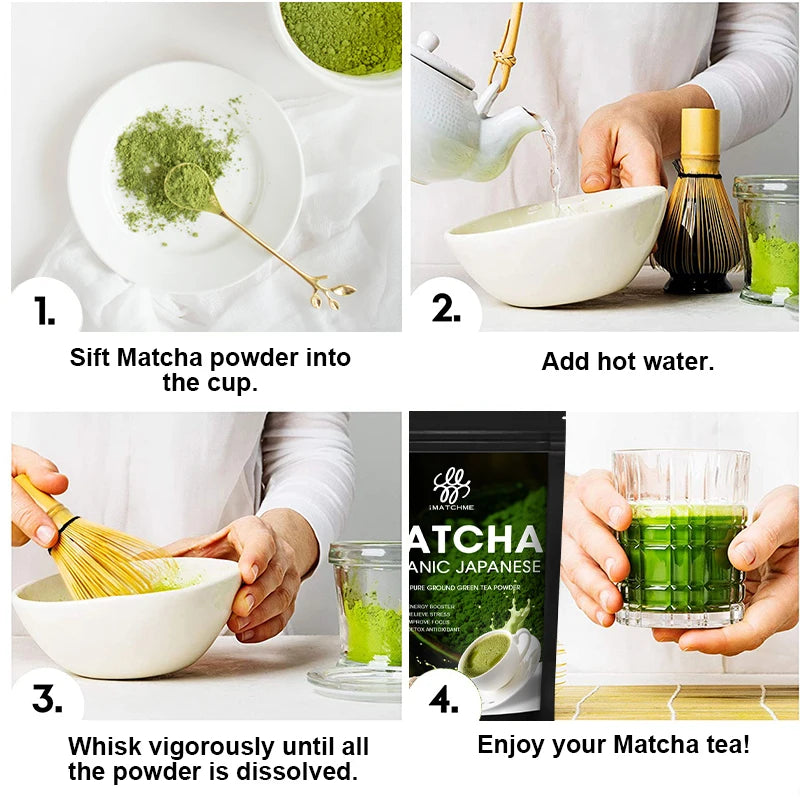 Step-by-step guide to making matcha tea with a package of EVO Organic Japanese Matcha.