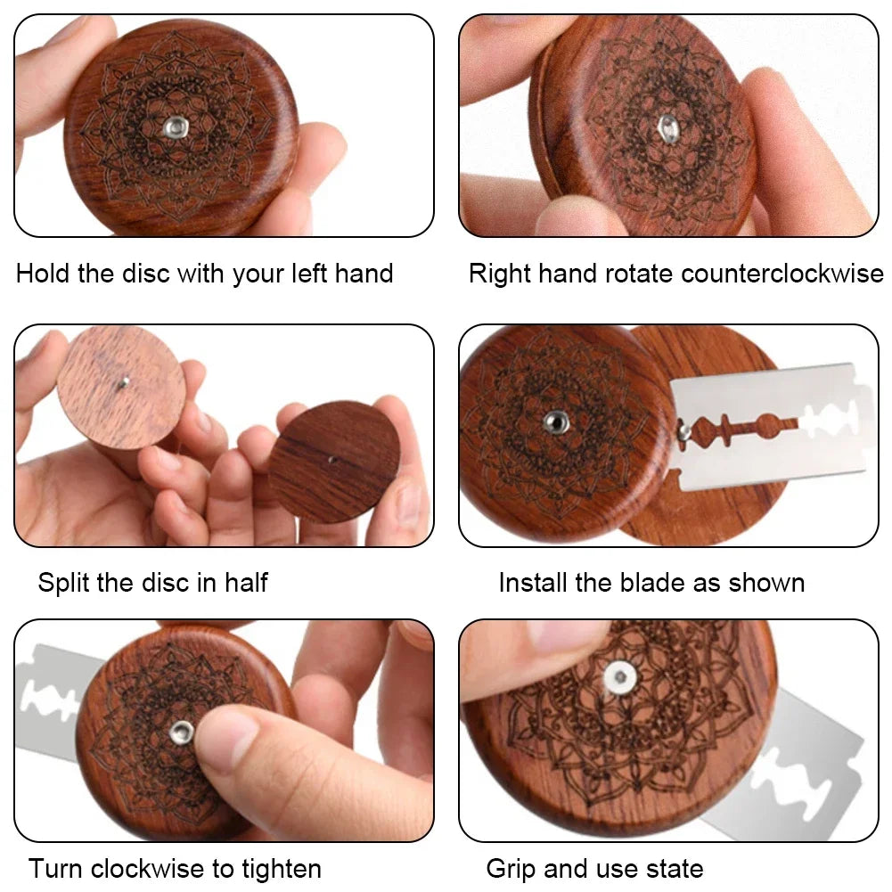 Step-by-step guide on how to use a wooden disc with a razor blade.