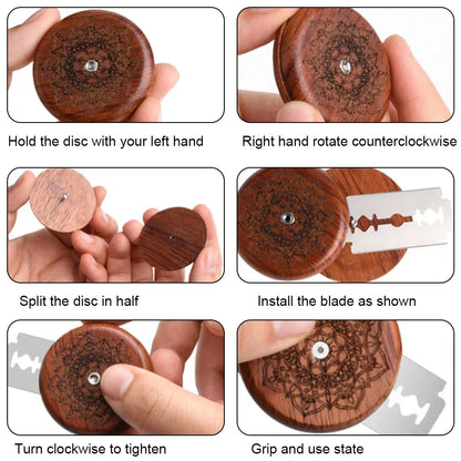 Step-by-step guide on how to use a wooden disc with a razor blade.